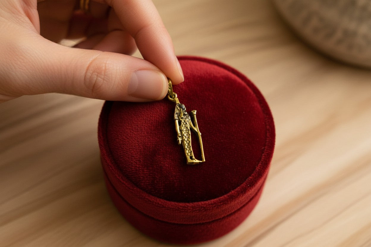 Gold Goddess Maat Pendant Necklace, Egyptian Revival Talisman