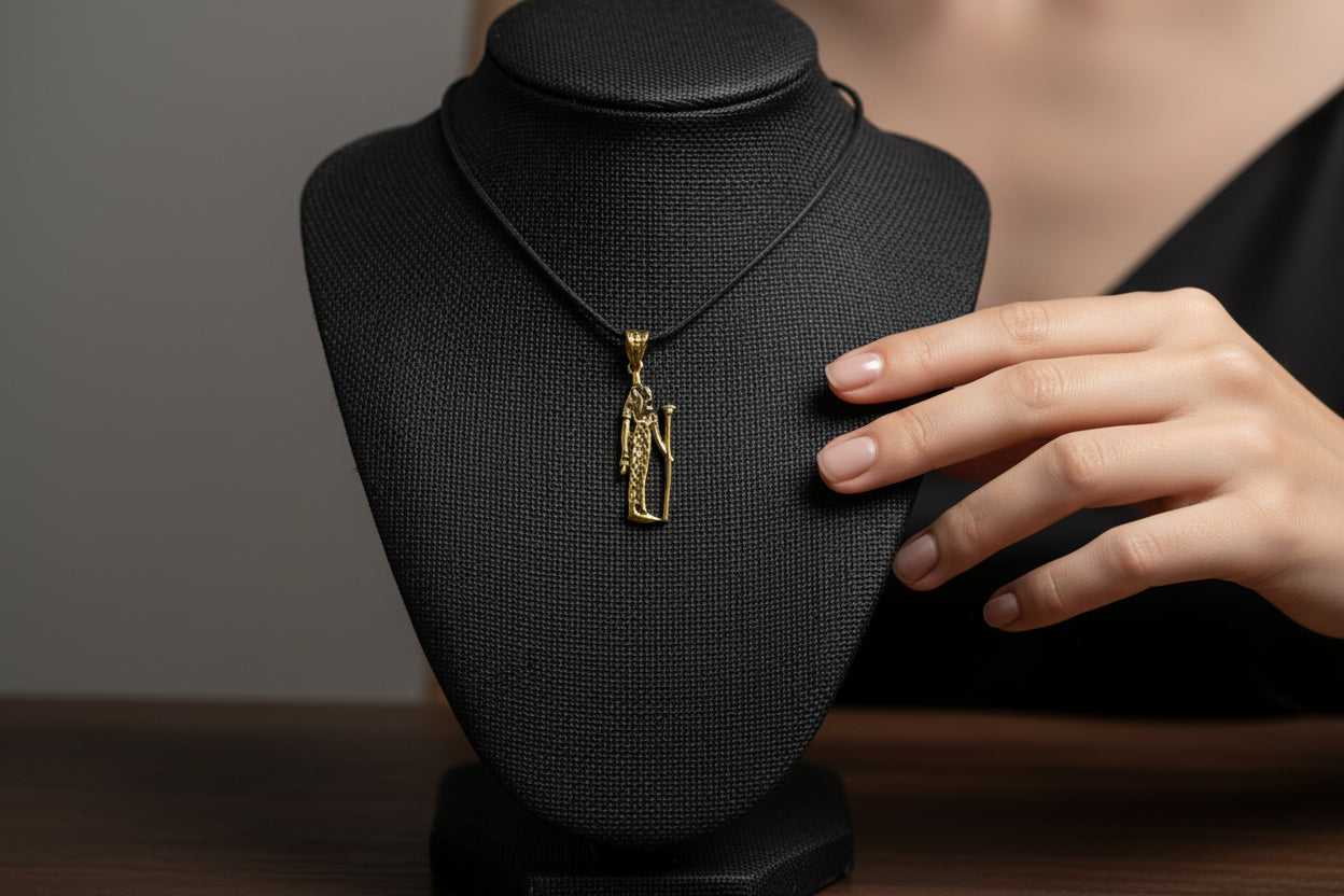 Gold Goddess Maat Pendant Necklace, Egyptian Revival Talisman