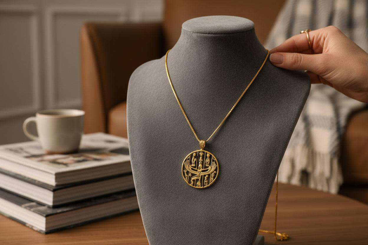 Gold Goddess Isis Pendant, Winged Egyptian Divine Necklace