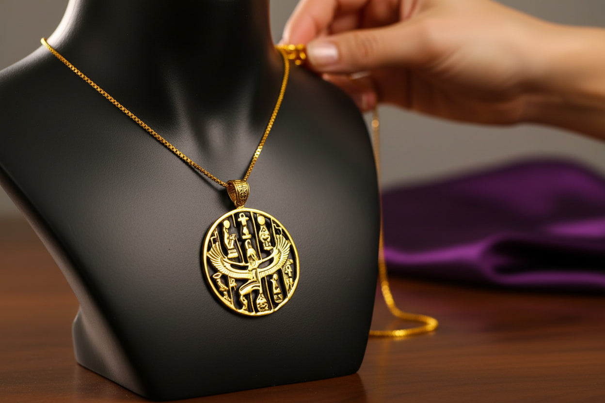 Gold Goddess Isis Pendant, Winged Egyptian Divine Necklace