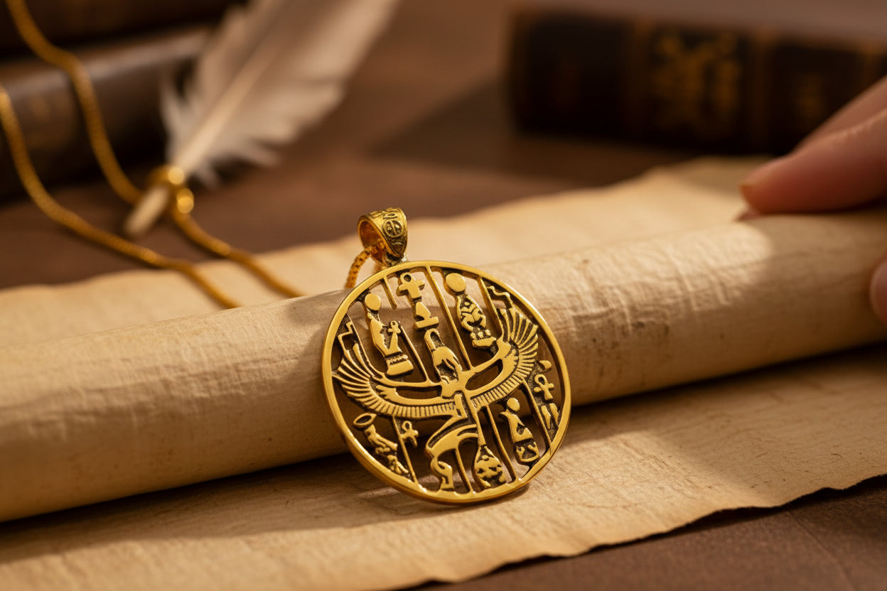 Gold Goddess Isis Pendant, Winged Egyptian Divine Necklace