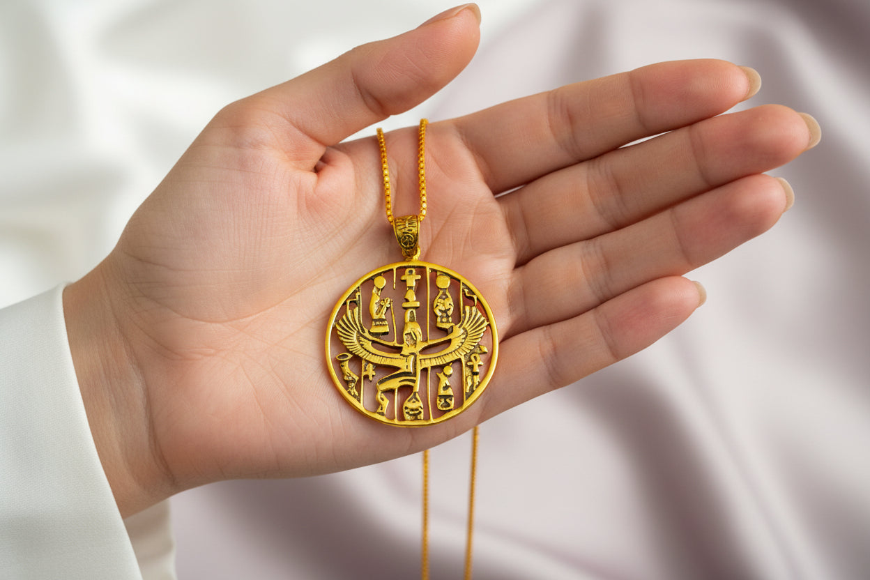 Gold Goddess Isis Pendant, Winged Egyptian Divine Necklace