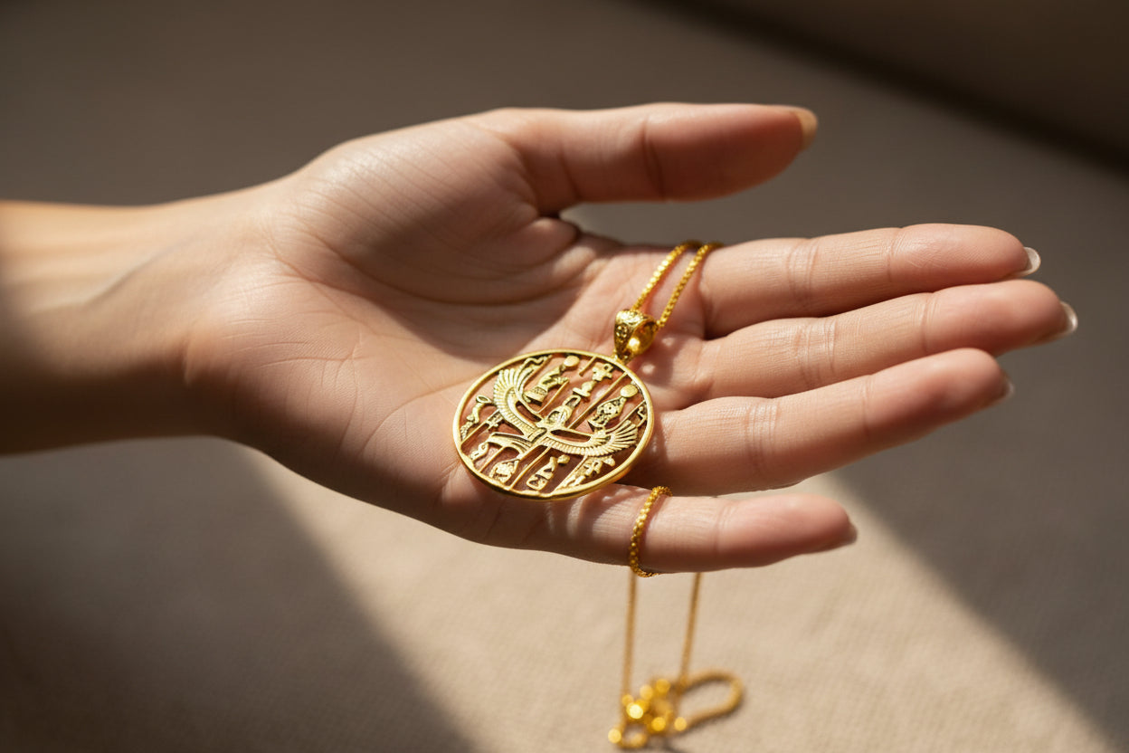 Gold Goddess Isis Pendant, Winged Egyptian Divine Necklace