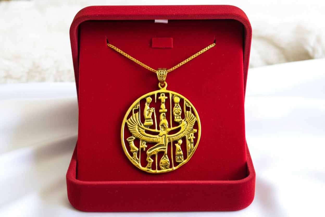 Gold Goddess Isis Pendant, Winged Egyptian Divine Necklace