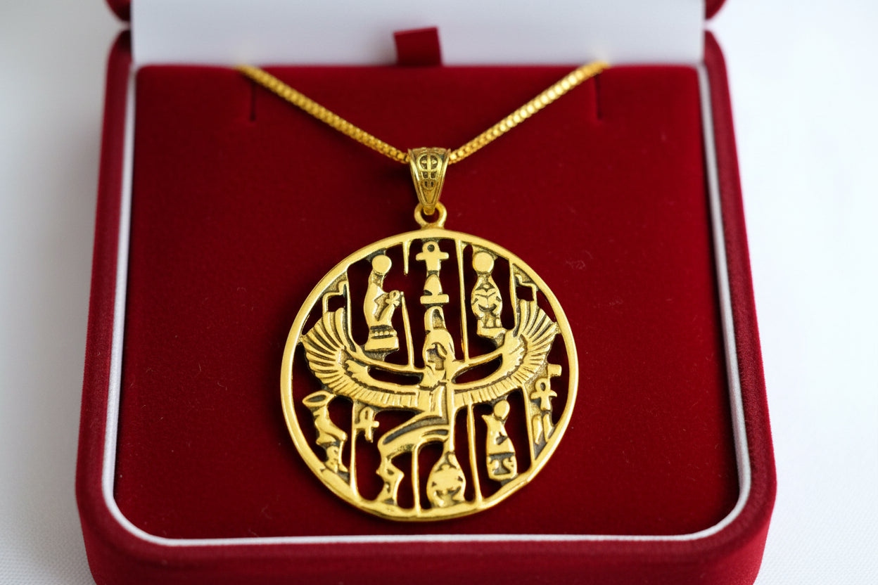 Gold Goddess Isis Pendant, Winged Egyptian Divine Necklace
