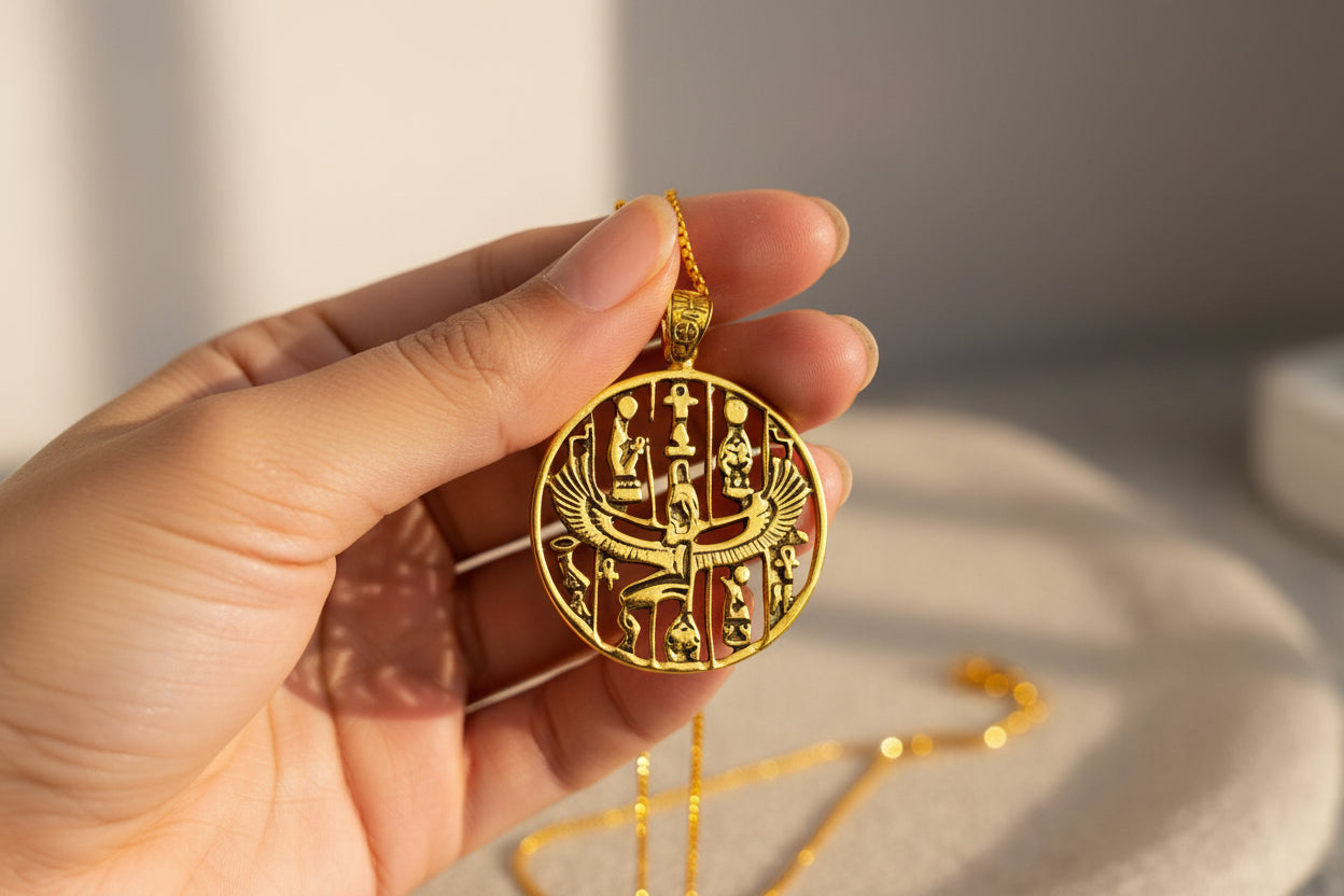 Gold Goddess Isis Pendant, Winged Egyptian Divine Necklace