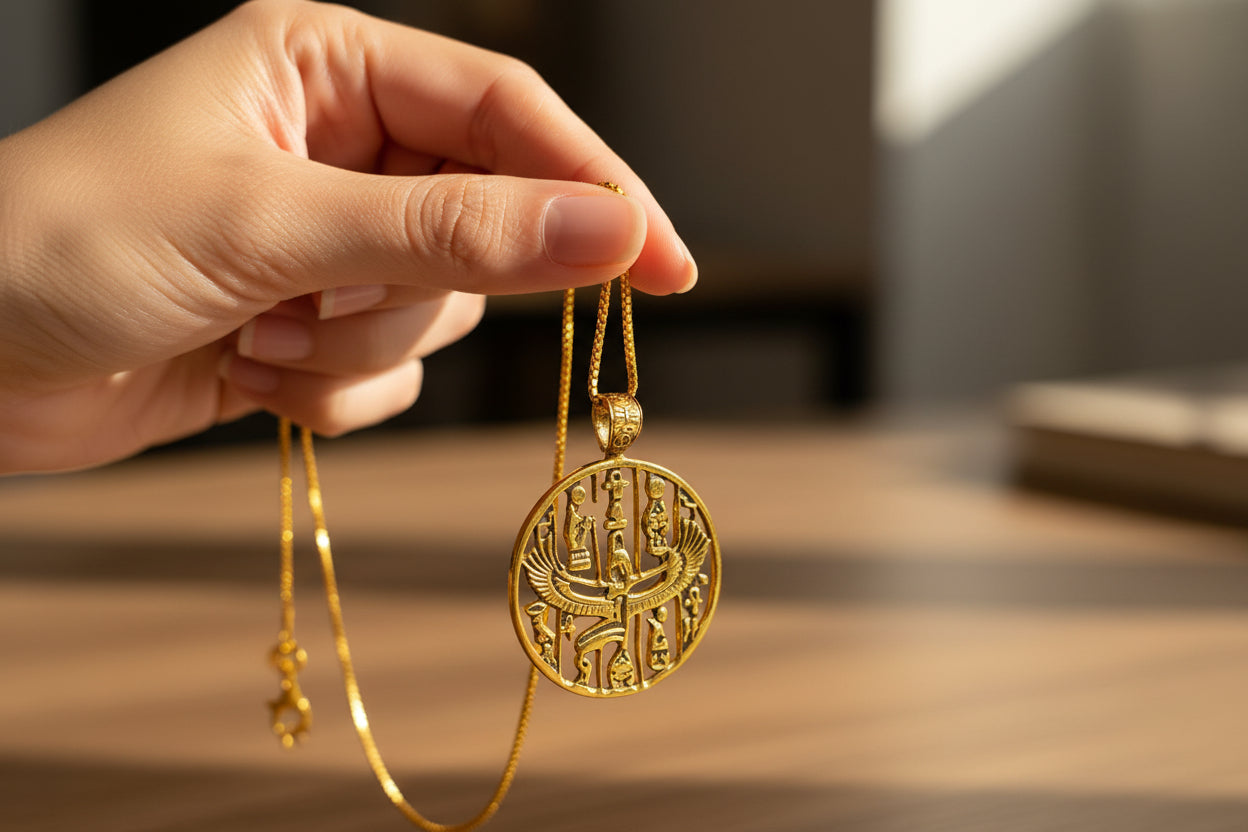 Gold Goddess Isis Pendant, Winged Egyptian Divine Necklace
