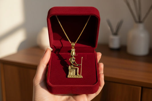 Gold God Amun Pendant Necklace, Egyptian Throne Revival Jewelry