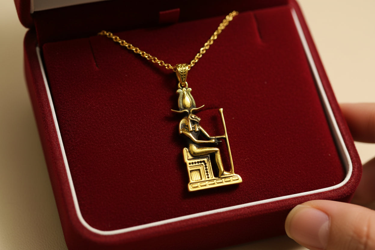 Gold God Amun Pendant Necklace, Egyptian Throne Revival Jewelry