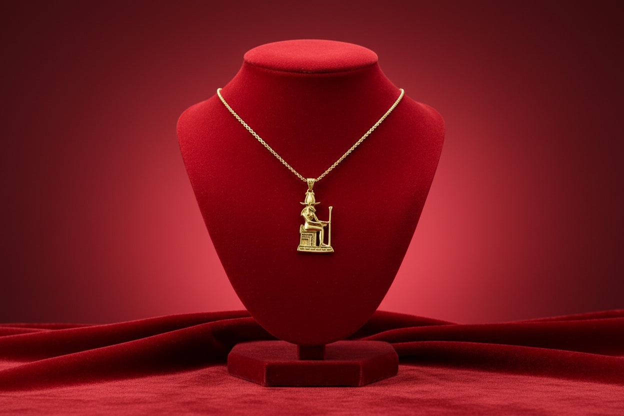 Gold God Amun Pendant Necklace, Egyptian Throne Revival Jewelry