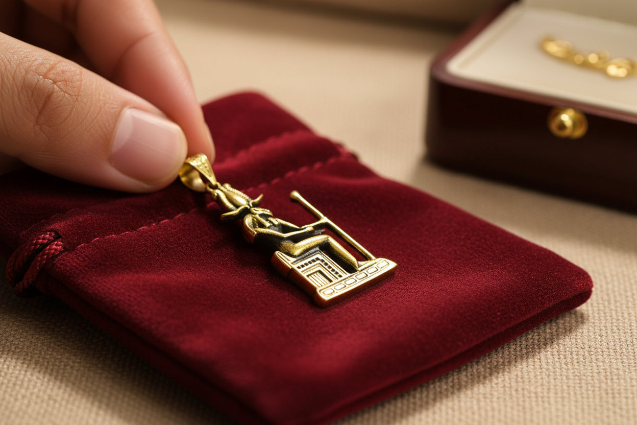 Gold God Amun Pendant Necklace, Egyptian Throne Revival Jewelry