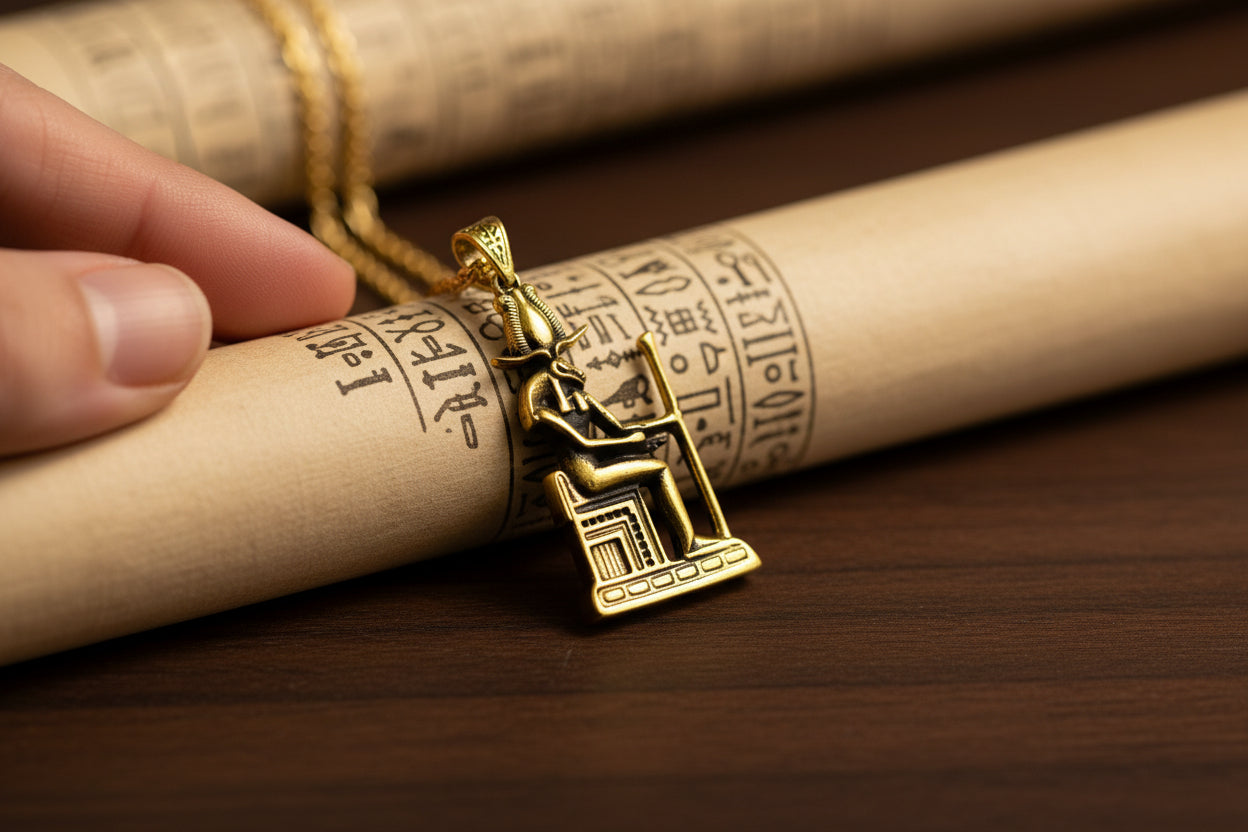 Gold God Amun Pendant Necklace, Egyptian Throne Revival Jewelry