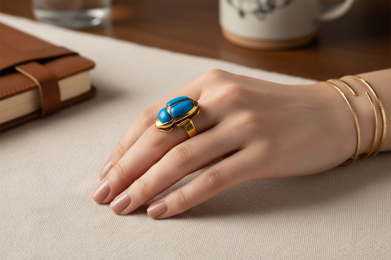 Gold Scarab Ring, Turquoise Egyptian Ring, Ancient Egypt Jewelry, Spiritual Talisman Ring, Vintage Gold Scarab Jewelry Gift