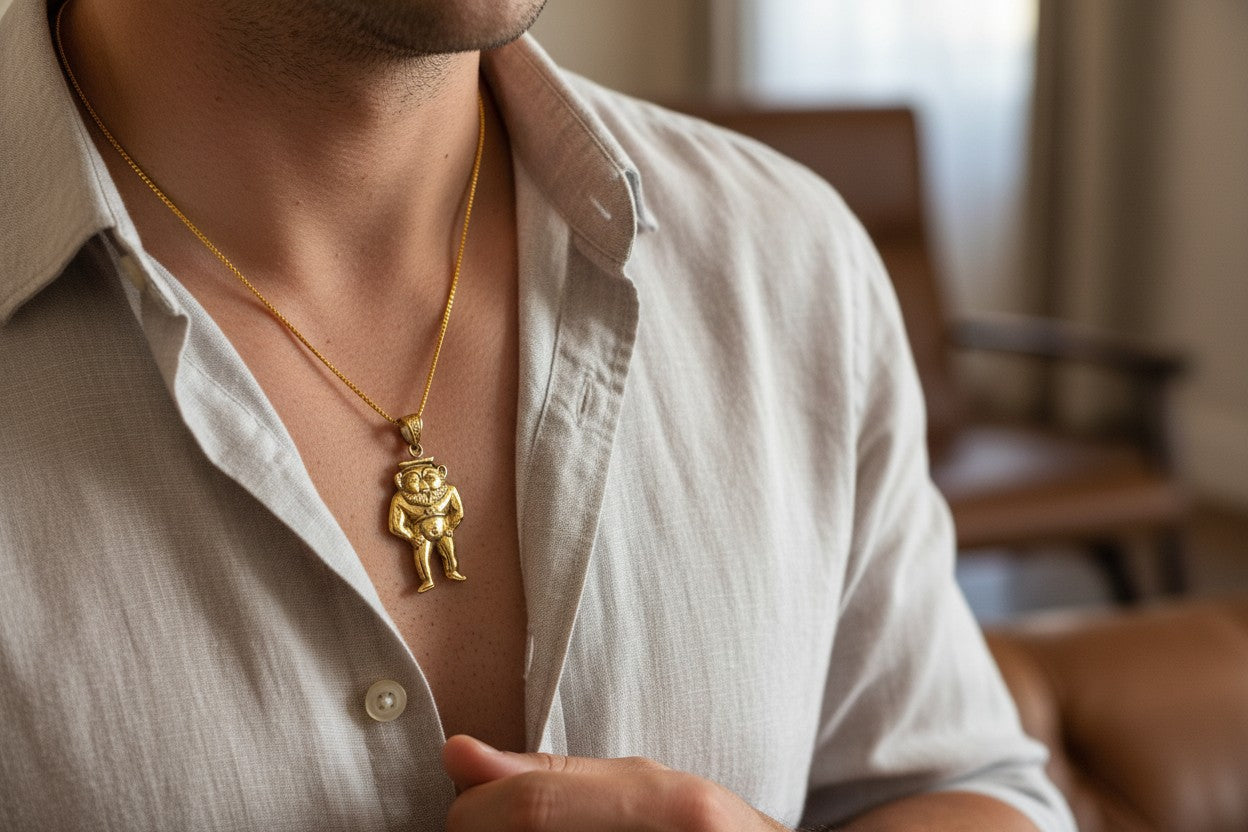 Gold God Bes of Humor Pendant Necklace, Egyptian Gold Jewelry
