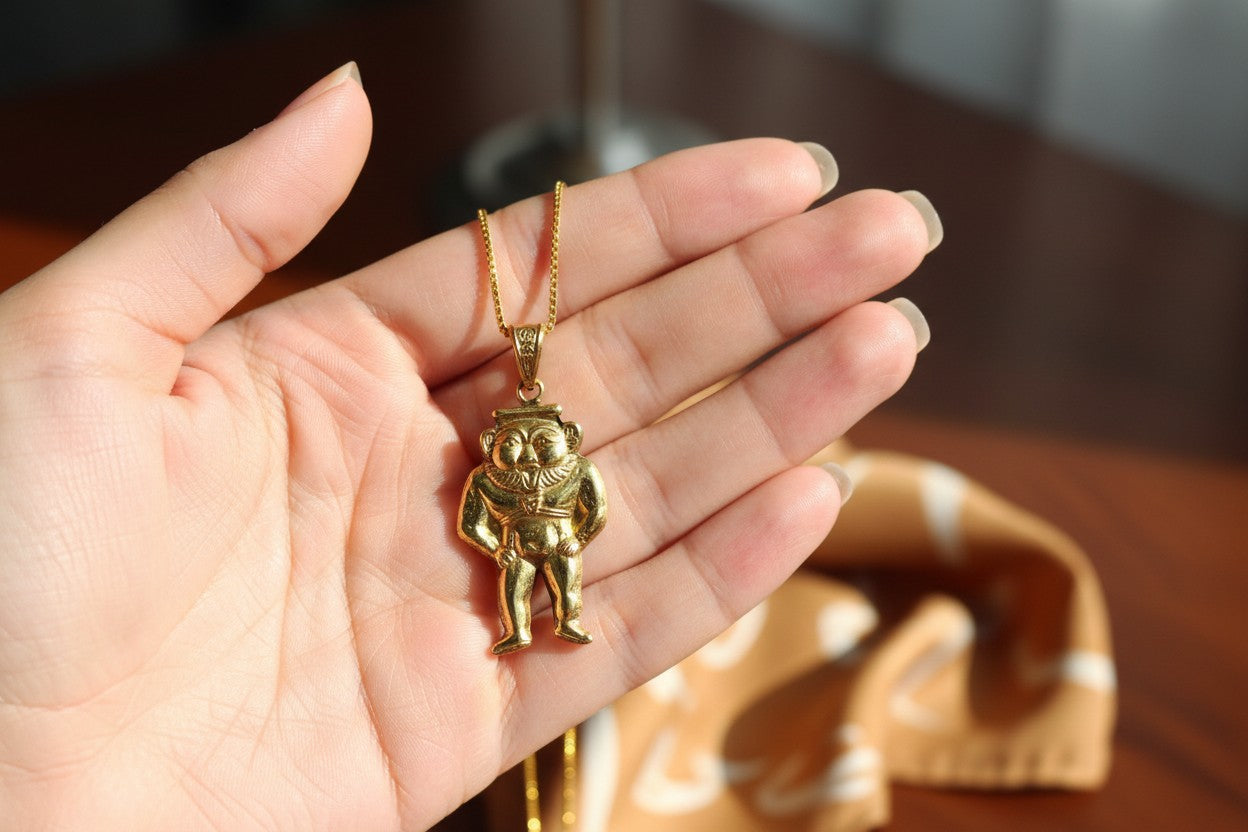 Gold God Bes of Humor Pendant Necklace, Egyptian Gold Jewelry
