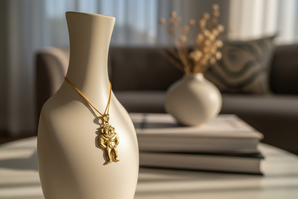 Gold God Bes of Humor Pendant Necklace, Egyptian Gold Jewelry