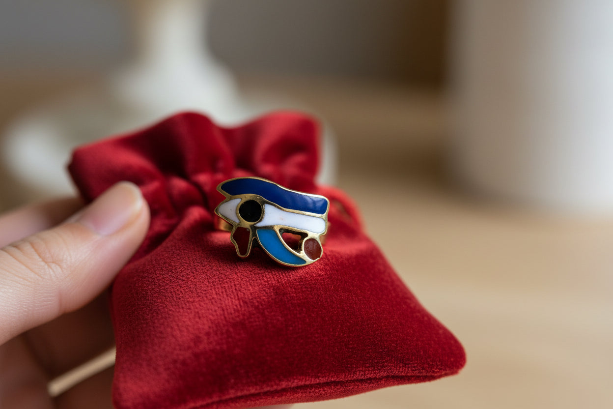 Gold Enamel Eye of Horus Ring, Egyptian Wadjet Amulet
