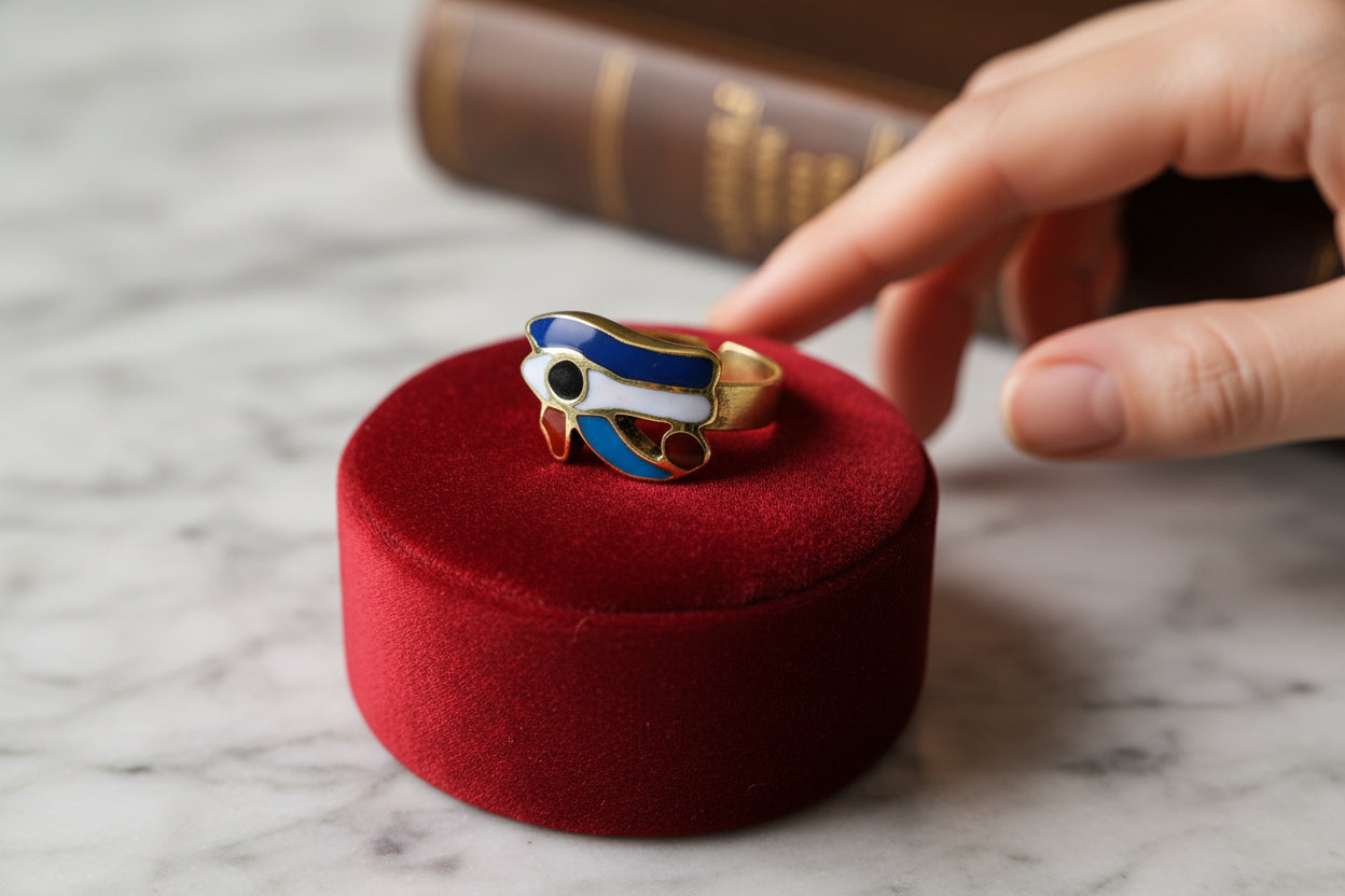 Gold Enamel Eye of Horus Ring, Egyptian Wadjet Amulet