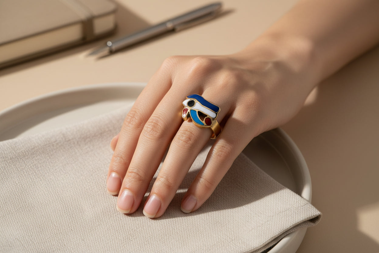 Gold Enamel Eye of Horus Ring, Egyptian Wadjet Amulet