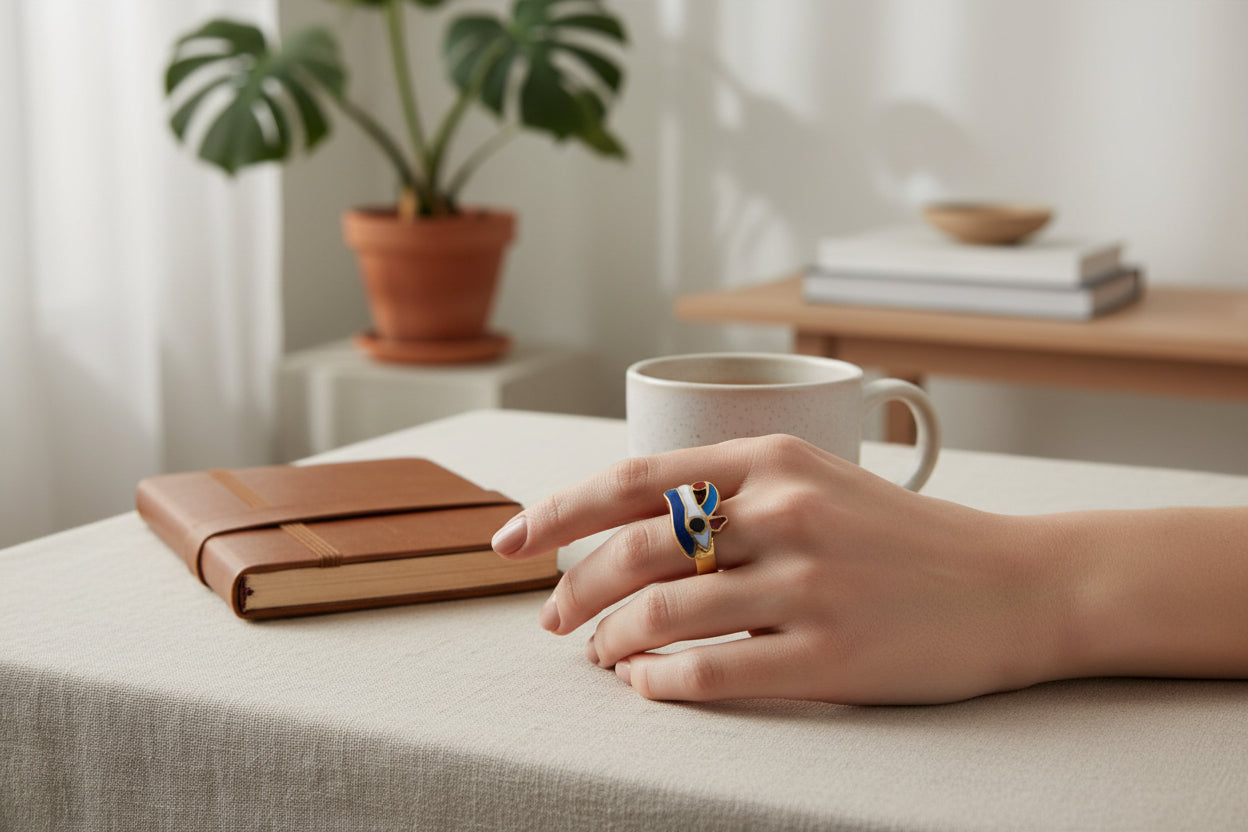 Gold Enamel Eye of Horus Ring, Egyptian Wadjet Amulet