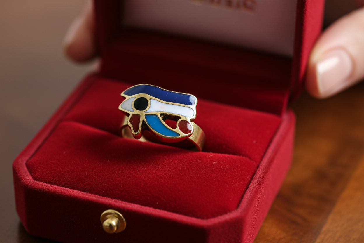 Gold Enamel Eye of Horus Ring, Egyptian Wadjet Amulet
