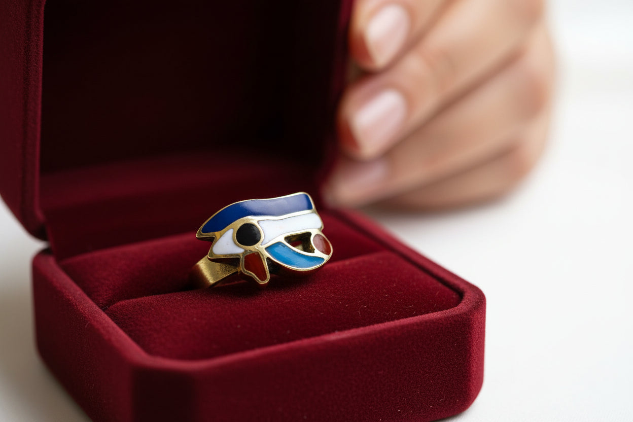 Gold Enamel Eye of Horus Ring, Egyptian Wadjet Amulet