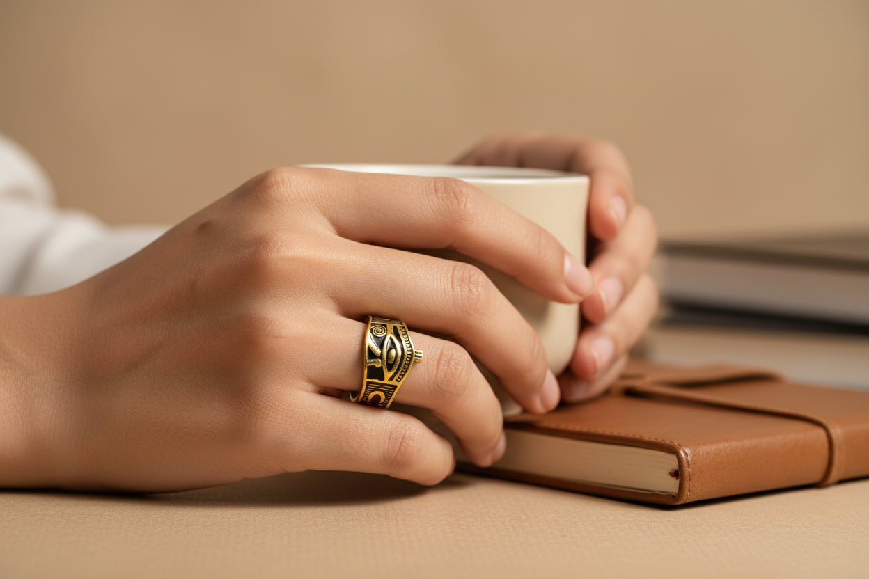 Gold Wadjet Ring, Handmade Egyptian Eye of Horus Talisman