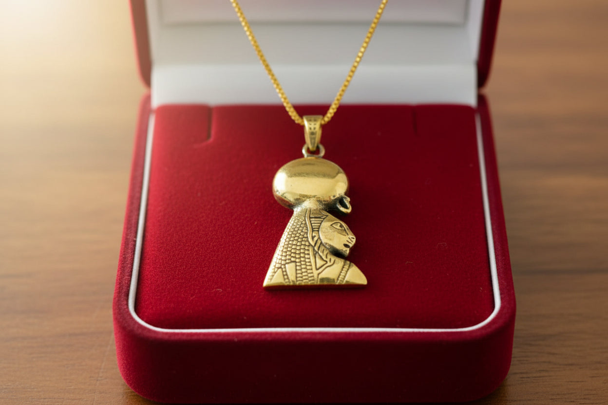 Gold Sekhmet Pendant, Egyptian Revival Necklace