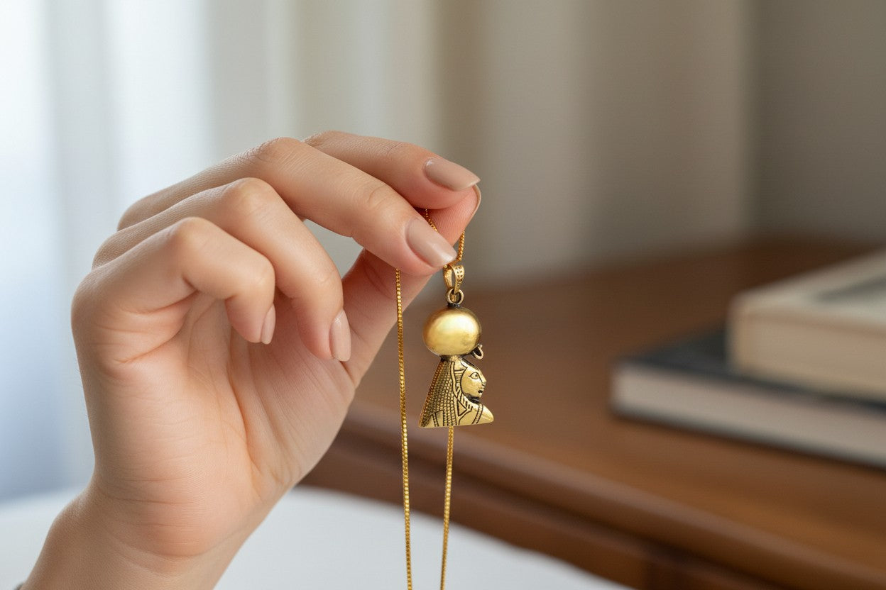 Gold Sekhmet Pendant, Egyptian Revival Necklace