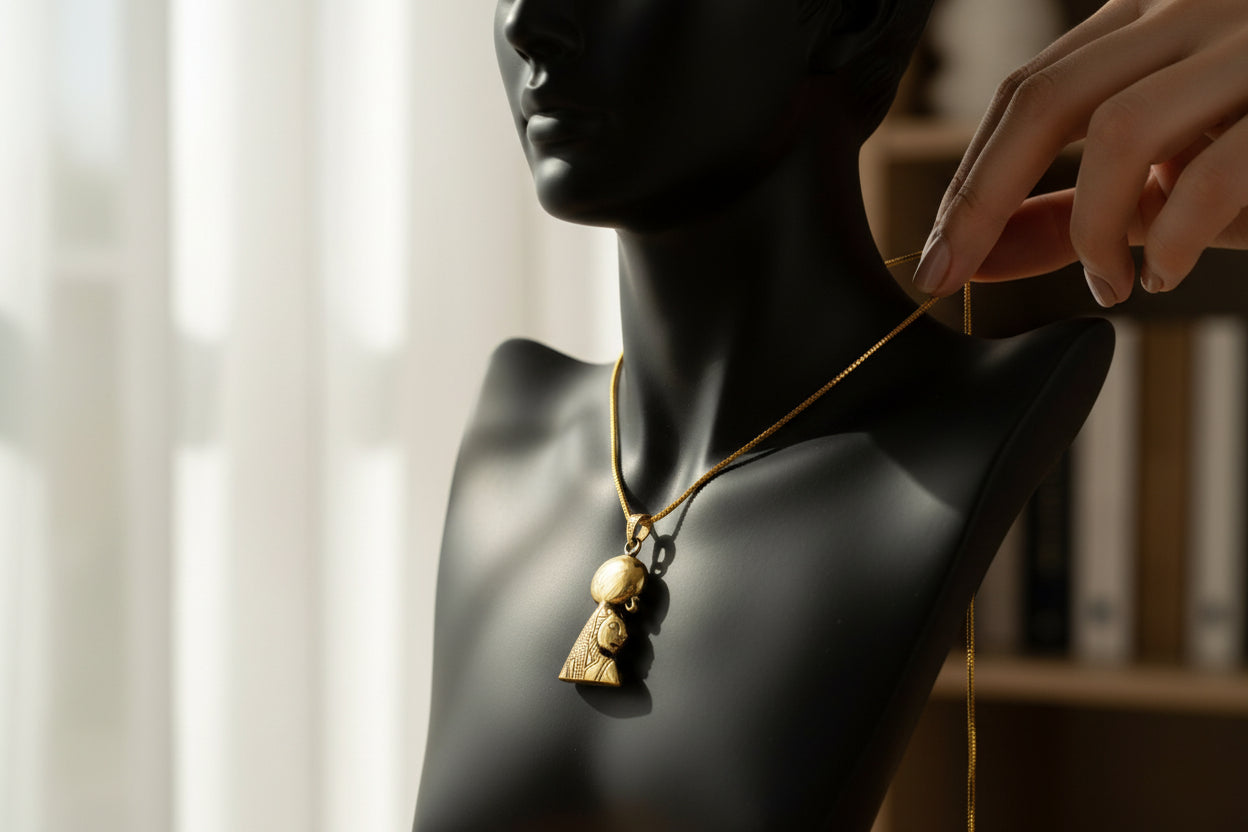 Gold Sekhmet Pendant, Egyptian Revival Necklace