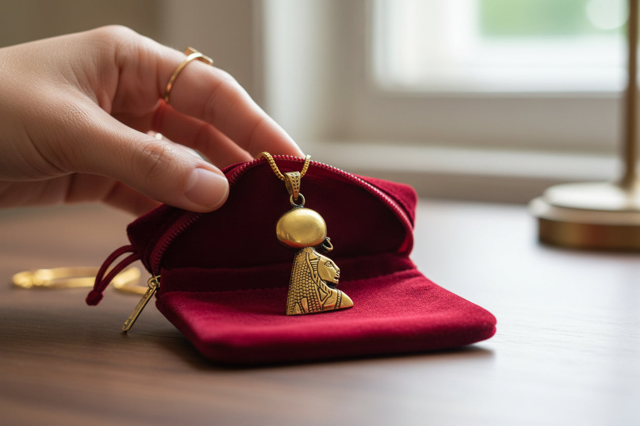 Gold Sekhmet Pendant, Egyptian Revival Necklace