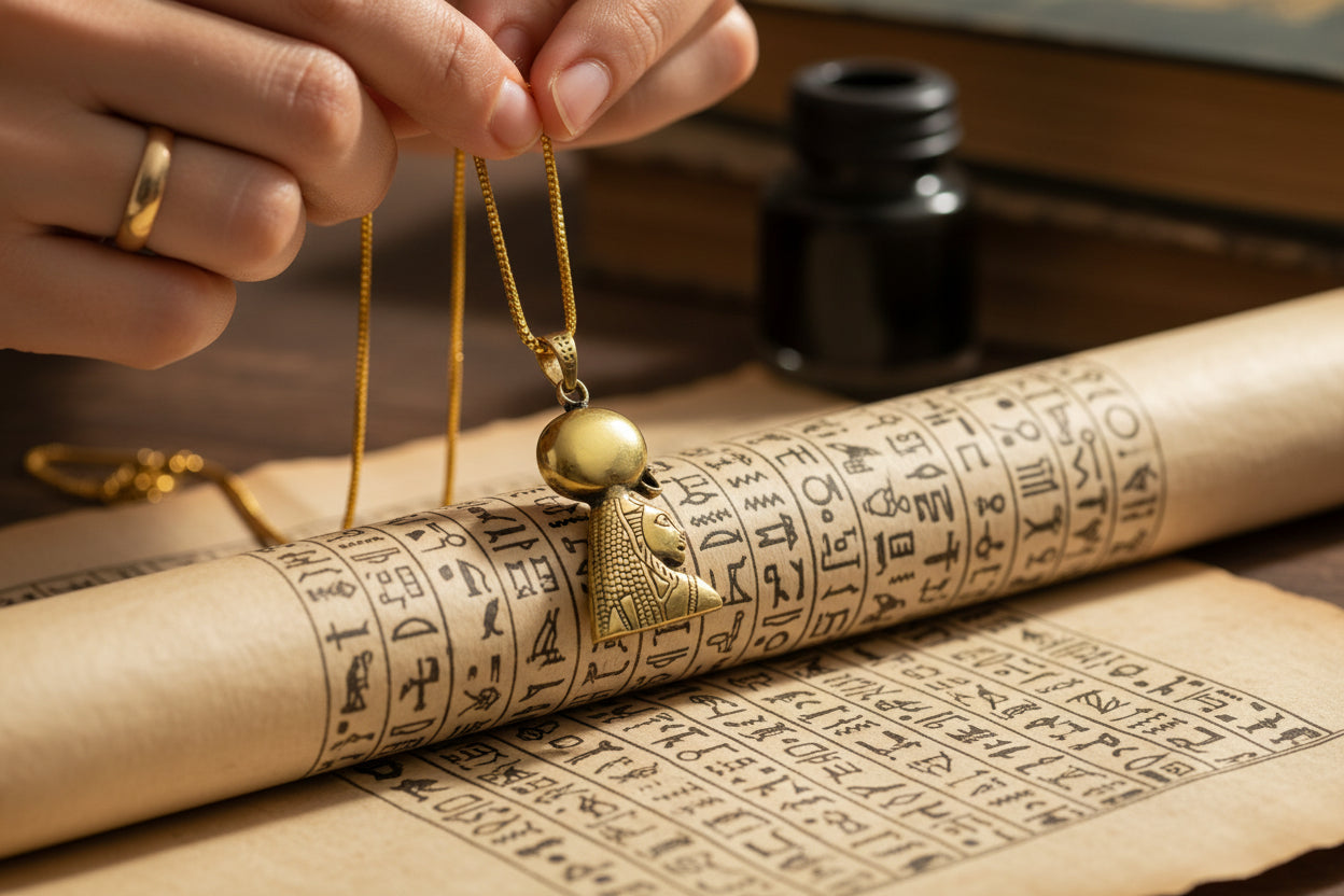 Gold Sekhmet Pendant, Egyptian Revival Necklace