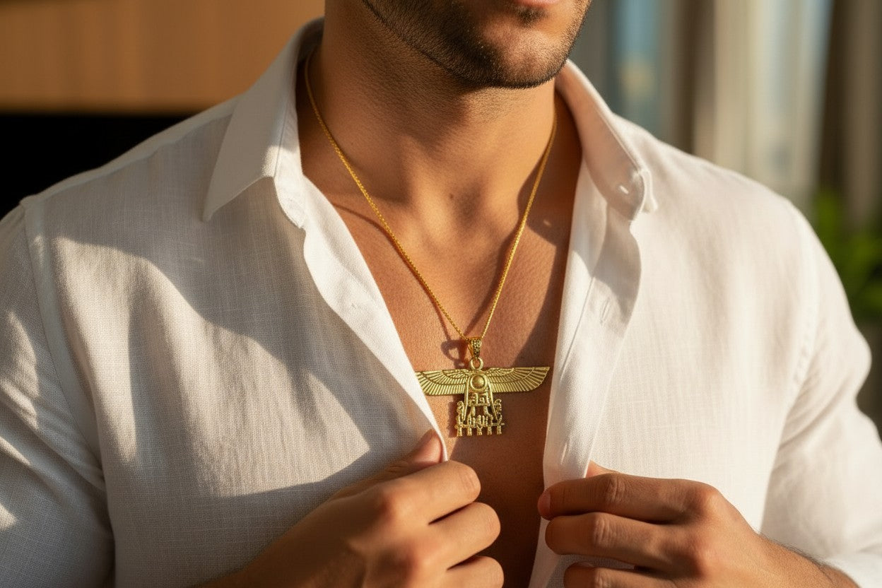 Gold Winged Sun Disk Necklace, Aton Ankh Pendant, Ancient Egyptian Jewelry, Ra Sun Rays Amulet, Protection Charm Gift for Her Him