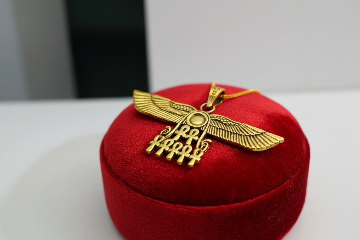 Gold Winged Sun Disk Necklace, Aton Ankh Pendant, Ancient Egyptian Jewelry, Ra Sun Rays Amulet, Protection Charm Gift for Her Him