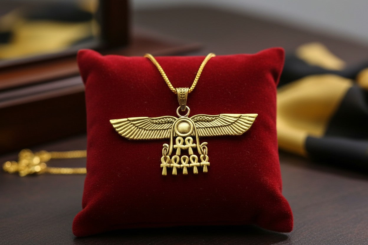 Gold Winged Sun Disk Necklace, Aton Ankh Pendant, Ancient Egyptian Jewelry, Ra Sun Rays Amulet, Protection Charm Gift for Her Him
