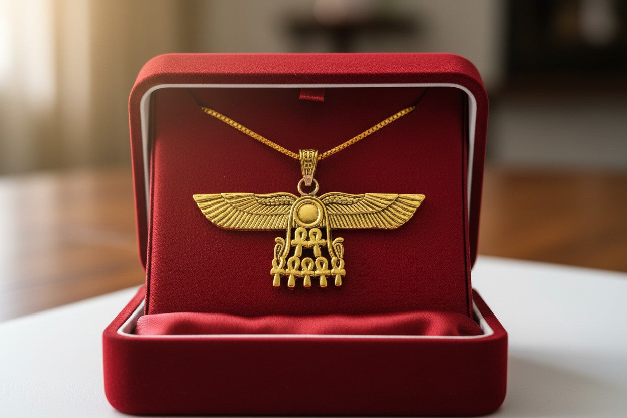 Gold Winged Sun Disk Necklace, Aton Ankh Pendant, Ancient Egyptian Jewelry, Ra Sun Rays Amulet, Protection Charm Gift for Her Him