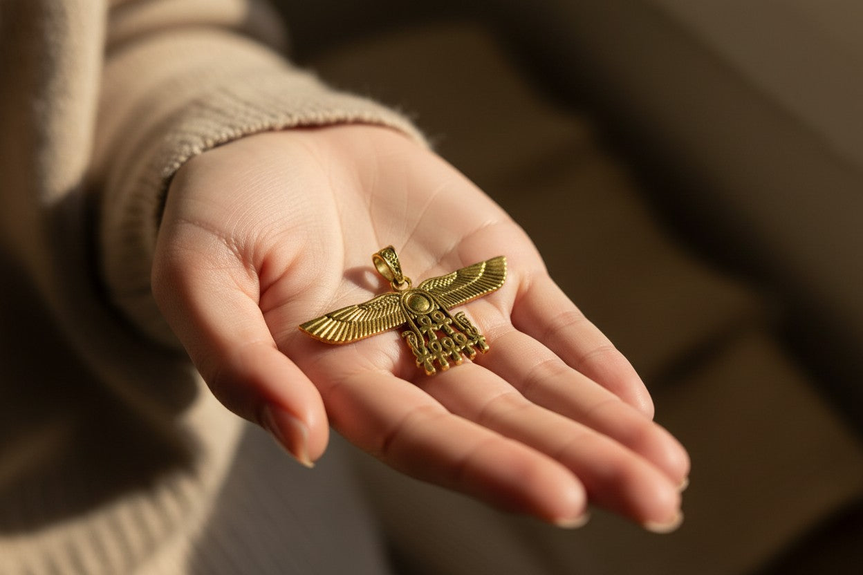 Gold Winged Sun Disk Necklace, Aton Ankh Pendant, Ancient Egyptian Jewelry, Ra Sun Rays Amulet, Protection Charm Gift for Her Him