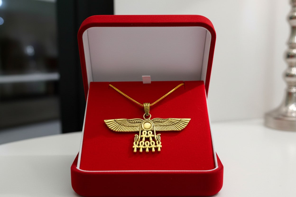 Gold Winged Sun Disk Necklace, Aton Ankh Pendant, Ancient Egyptian Jewelry, Ra Sun Rays Amulet, Protection Charm Gift for Her Him