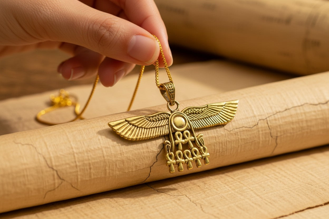 Gold Winged Sun Disk Necklace, Aton Ankh Pendant, Ancient Egyptian Jewelry, Ra Sun Rays Amulet, Protection Charm Gift for Her Him
