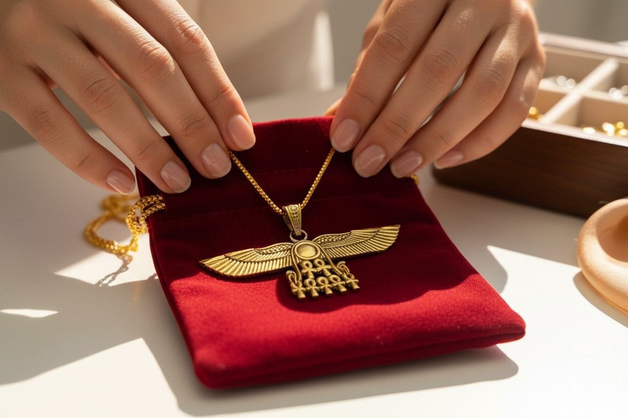 Gold Winged Sun Disk Necklace, Aton Ankh Pendant, Ancient Egyptian Jewelry, Ra Sun Rays Amulet, Protection Charm Gift for Her Him