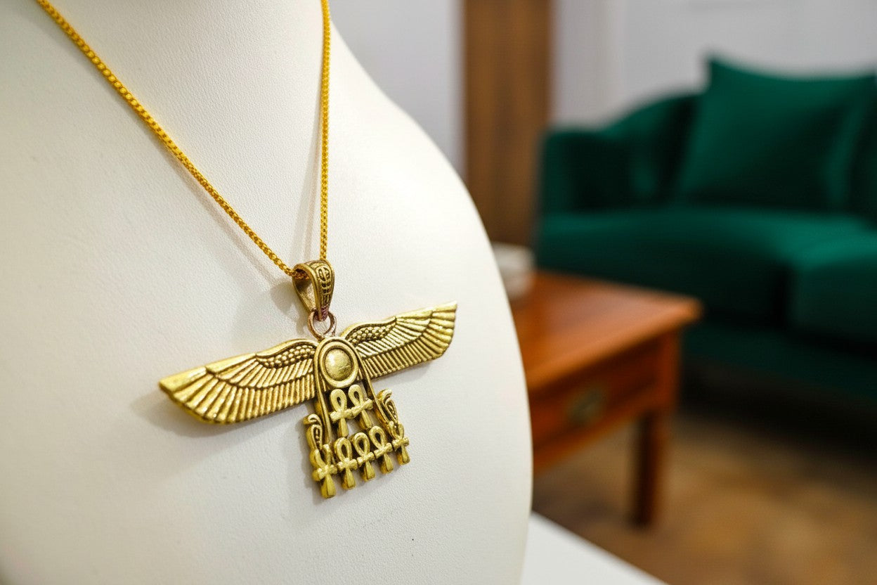 Gold Winged Sun Disk Necklace, Aton Ankh Pendant, Ancient Egyptian Jewelry, Ra Sun Rays Amulet, Protection Charm Gift for Her Him