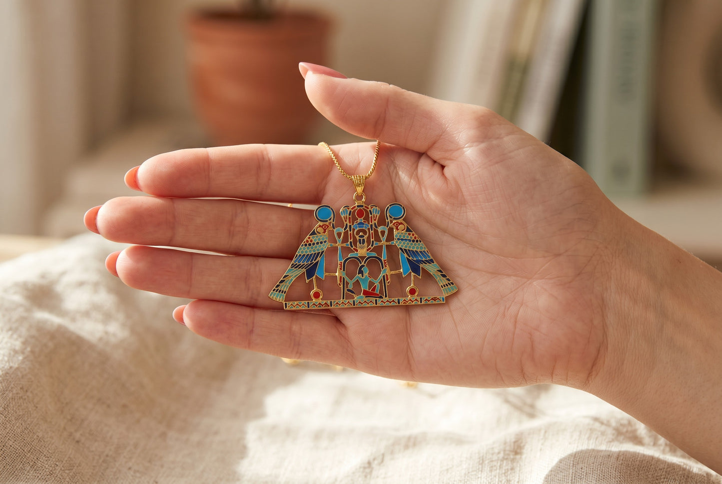 Large Gold Horus Pendant Necklace, Egyptian Falcon God Jewelry, Ancient Egypt Necklace, Spiritual Amulet, Mythology Gift, Revival Jewelry