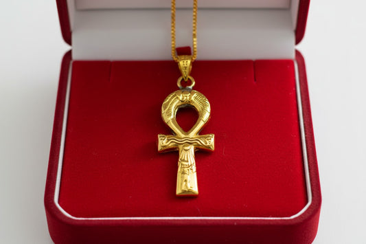 Gold Akhenaton Prayers Ankh Pendant,  Egyptian Amulet Necklace