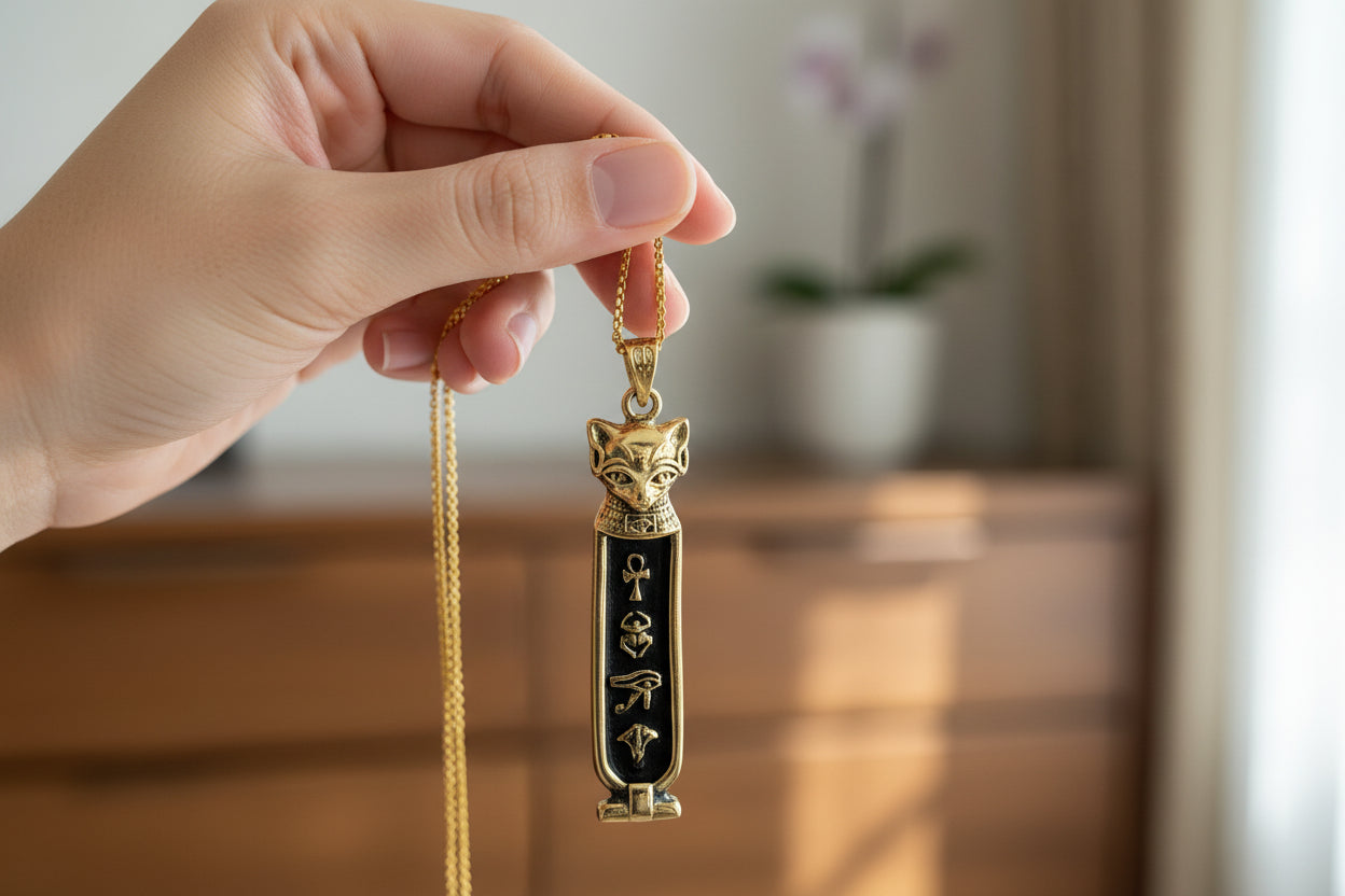 Gold Goddess Bastet The Cat Cartouche Necklace, Egyptian Gift For men and Women