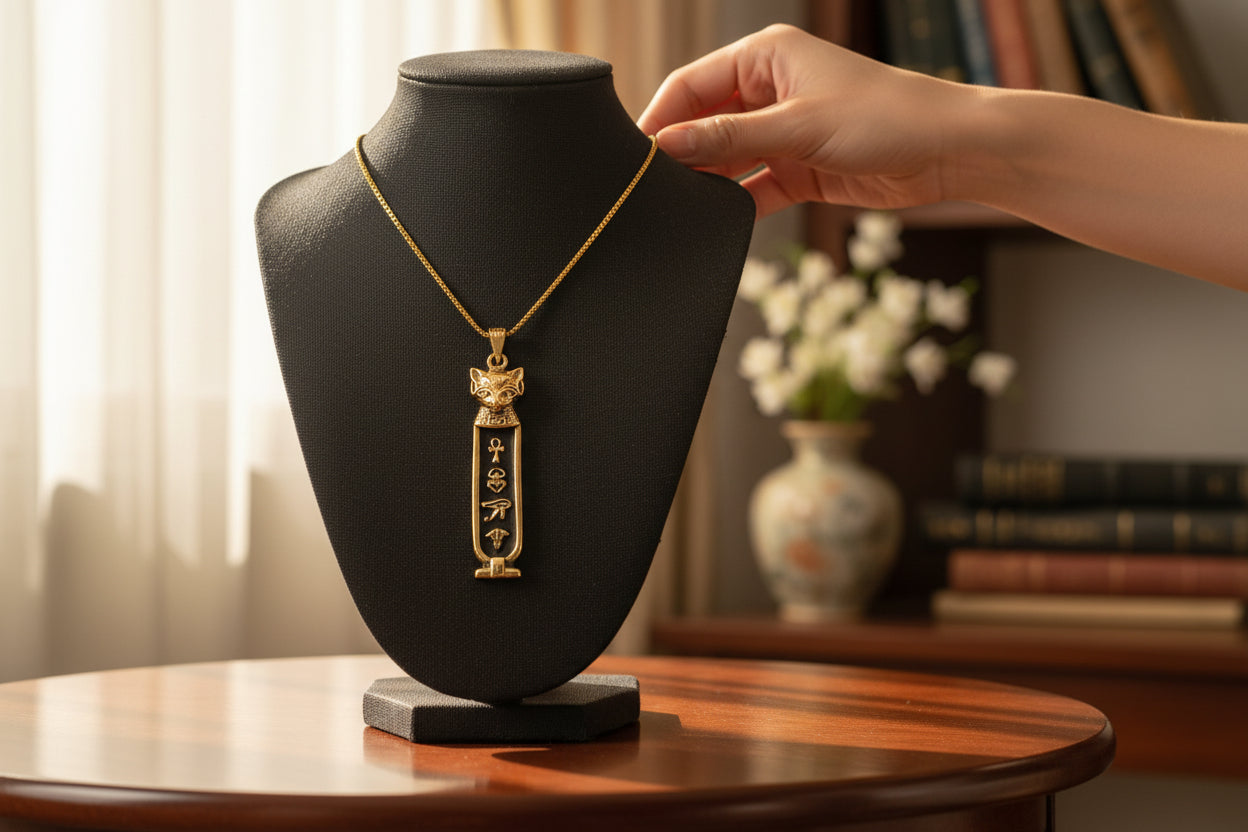 Gold Goddess Bastet The Cat Cartouche Necklace, Egyptian Gift For men and Women