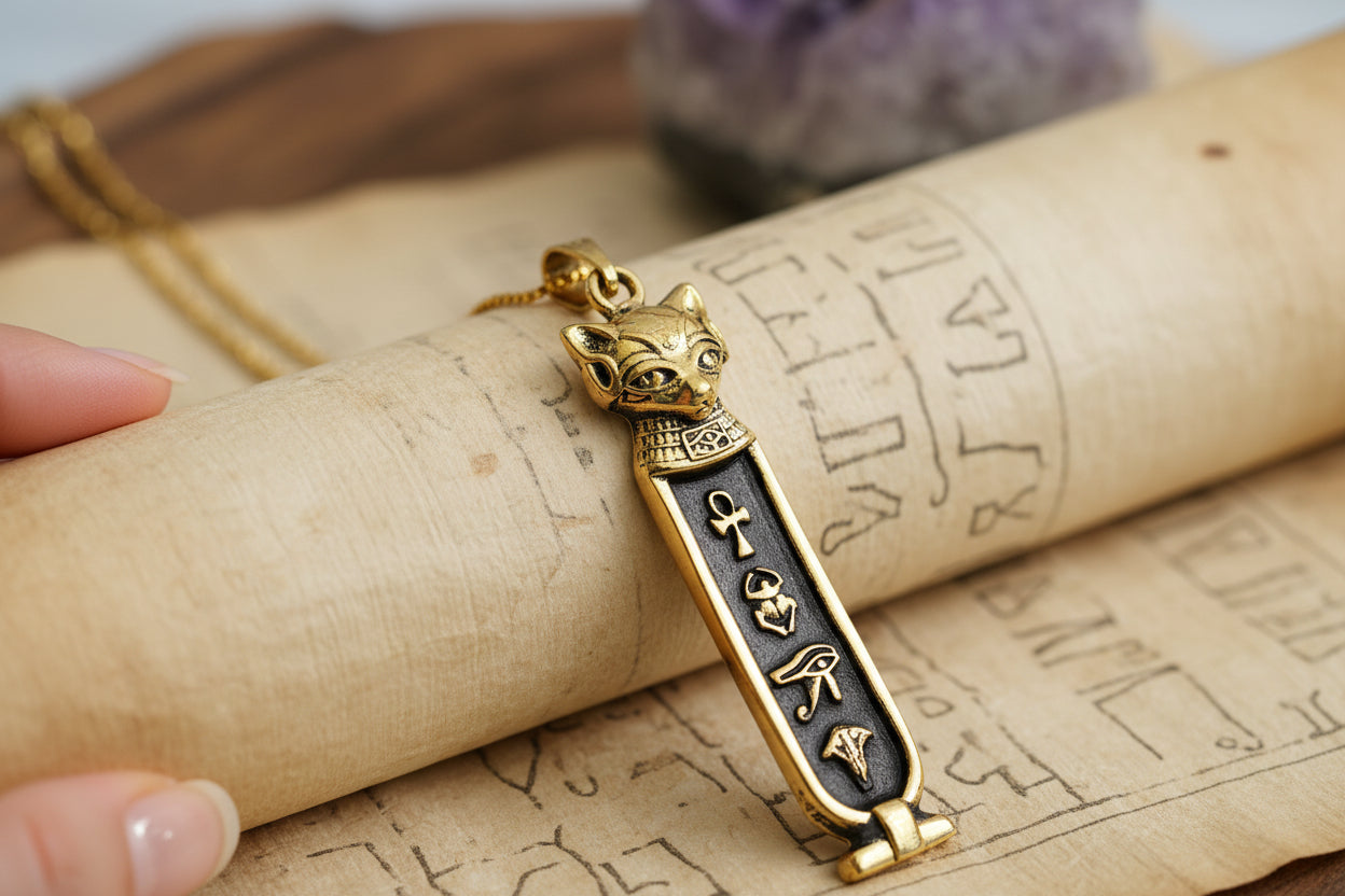 Gold Goddess Bastet The Cat Cartouche Necklace, Egyptian Gift For men and Women