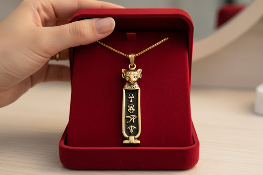 Gold Goddess Bastet The Cat Cartouche Necklace, Egyptian Gift For men and Women