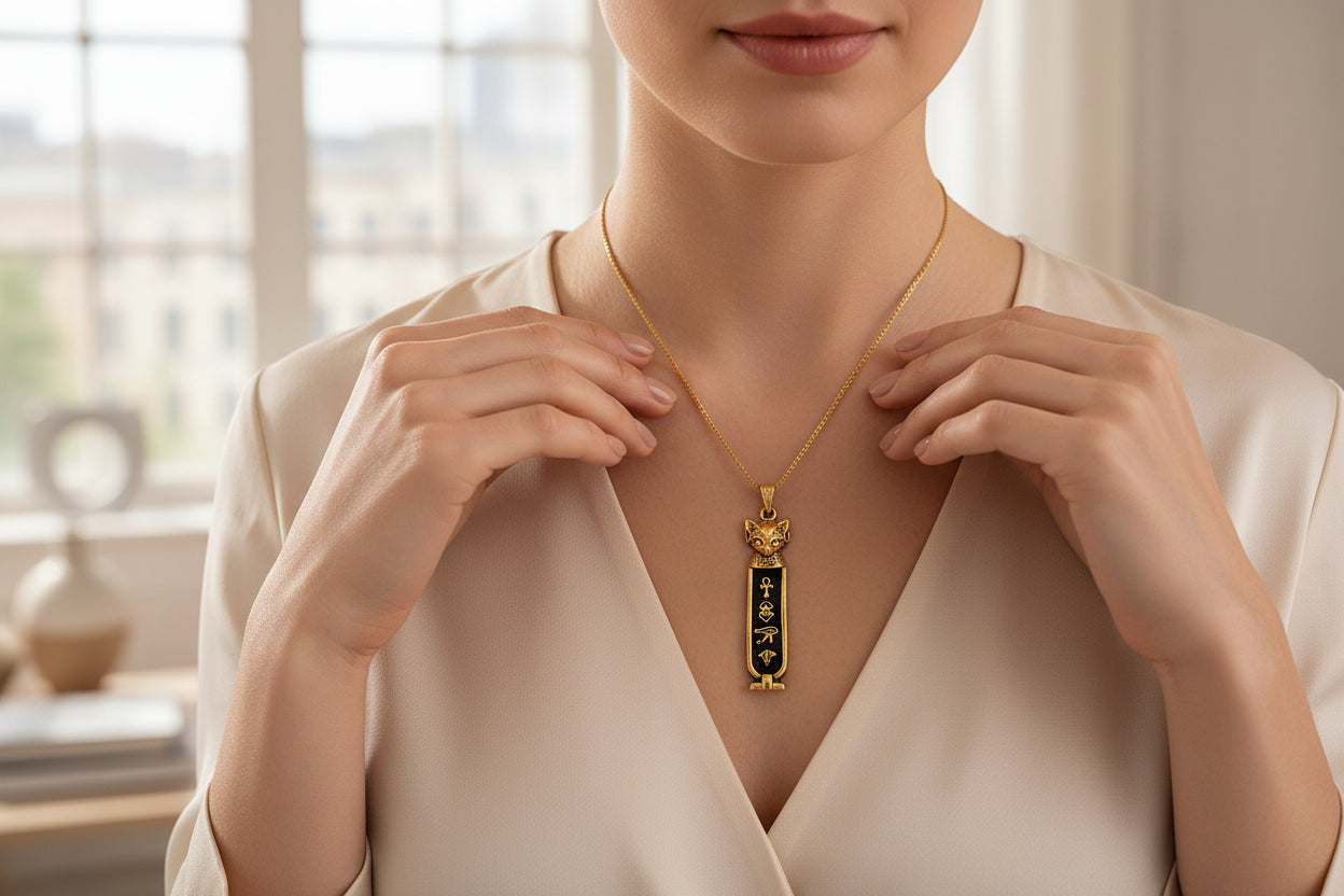 Gold Goddess Bastet The Cat Cartouche Necklace, Egyptian Gift For men and Women