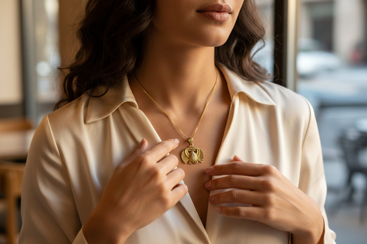 Gold Scarab Beetle Pendant Necklace, Egyptian Revival Talisman