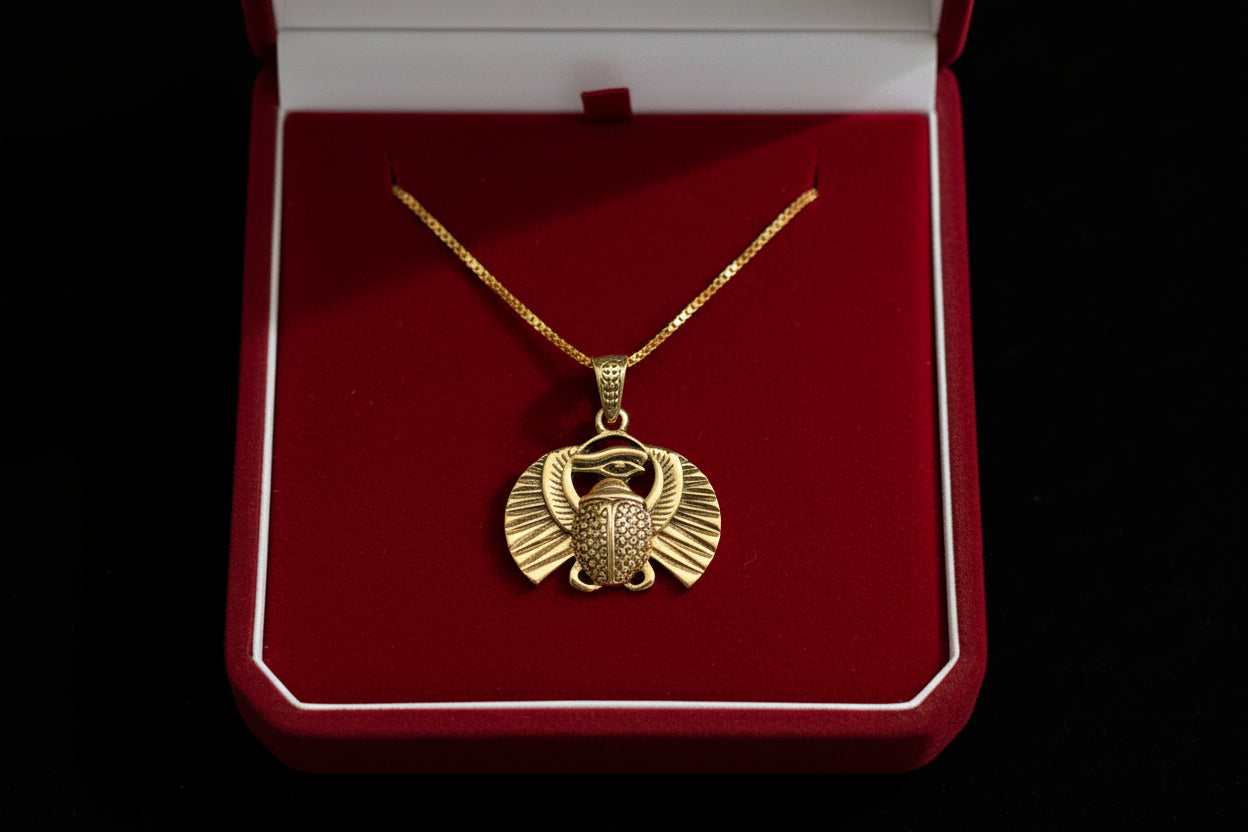 Gold Scarab Beetle Pendant Necklace, Egyptian Revival Talisman